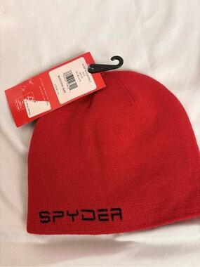 Spyder Reversible Beanie Red Black One Size Knit Winter Hat Logo NWT youth